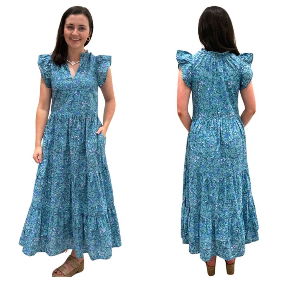 Liza Byrd Floral Block Print Midi Dress Womens Medium Blue Boho Tiered Cotton